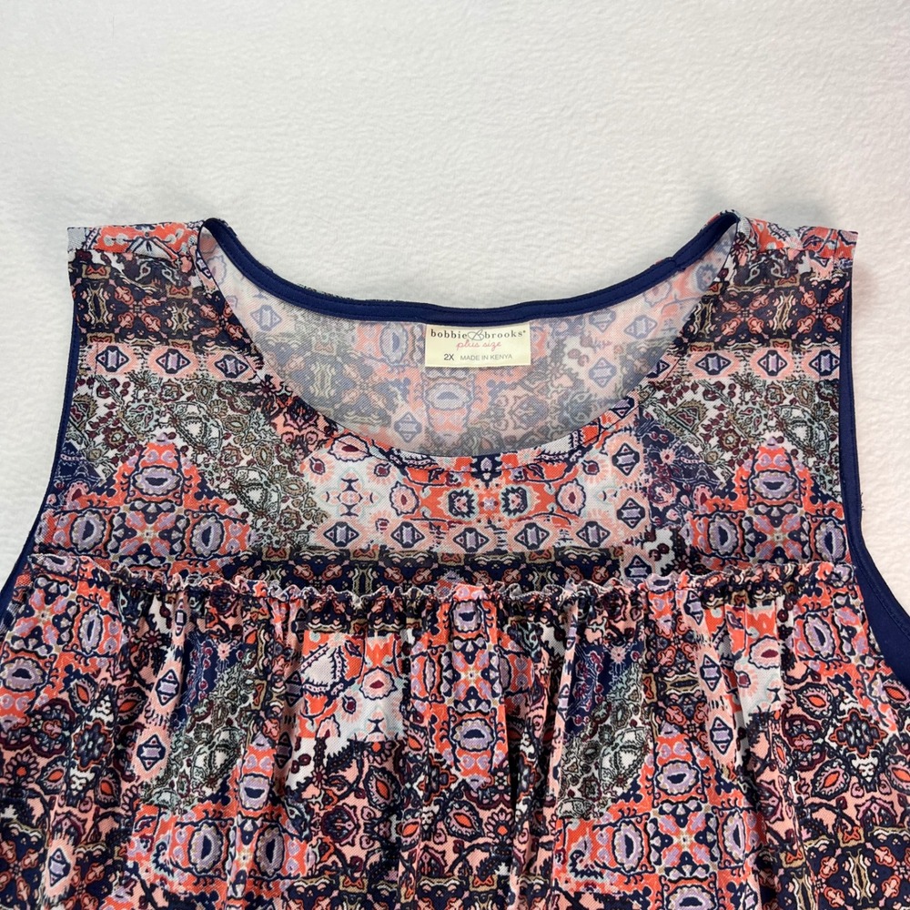 Bobbie Brooks Womens 2X Plus Size Sleeveless Babydoll Top Medallion Print Navy - Picture 2 of 8